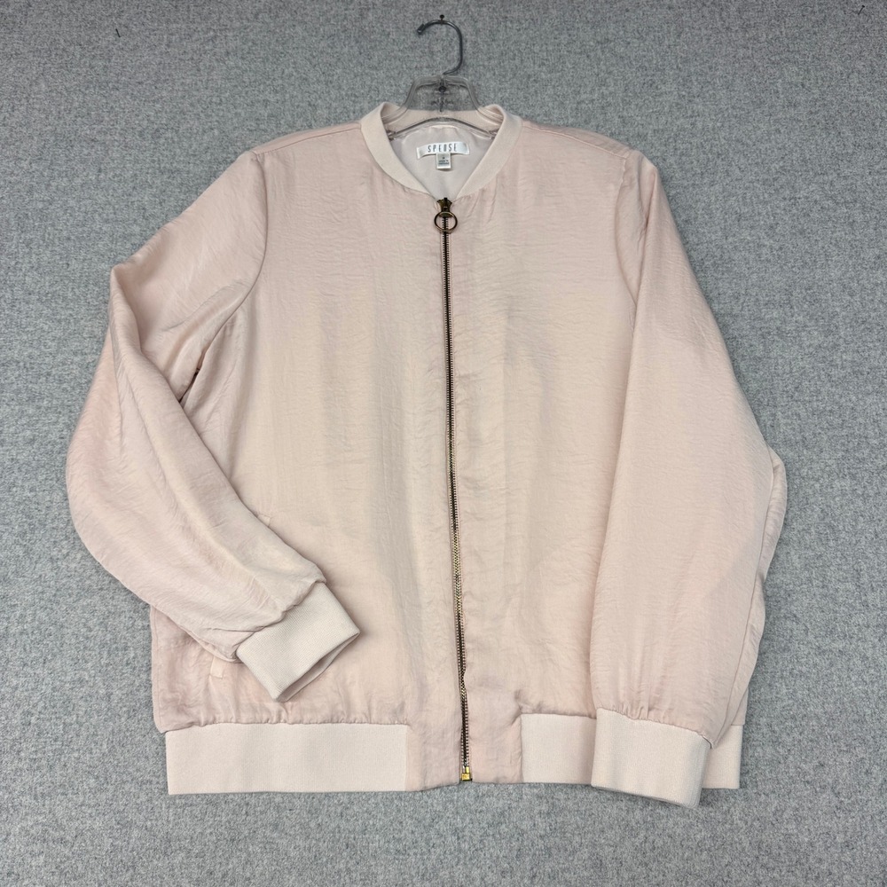 Spense | Bomber Jacket | Size M |Blush Pink | Full Zip Ribbed Trim Pockets Satin